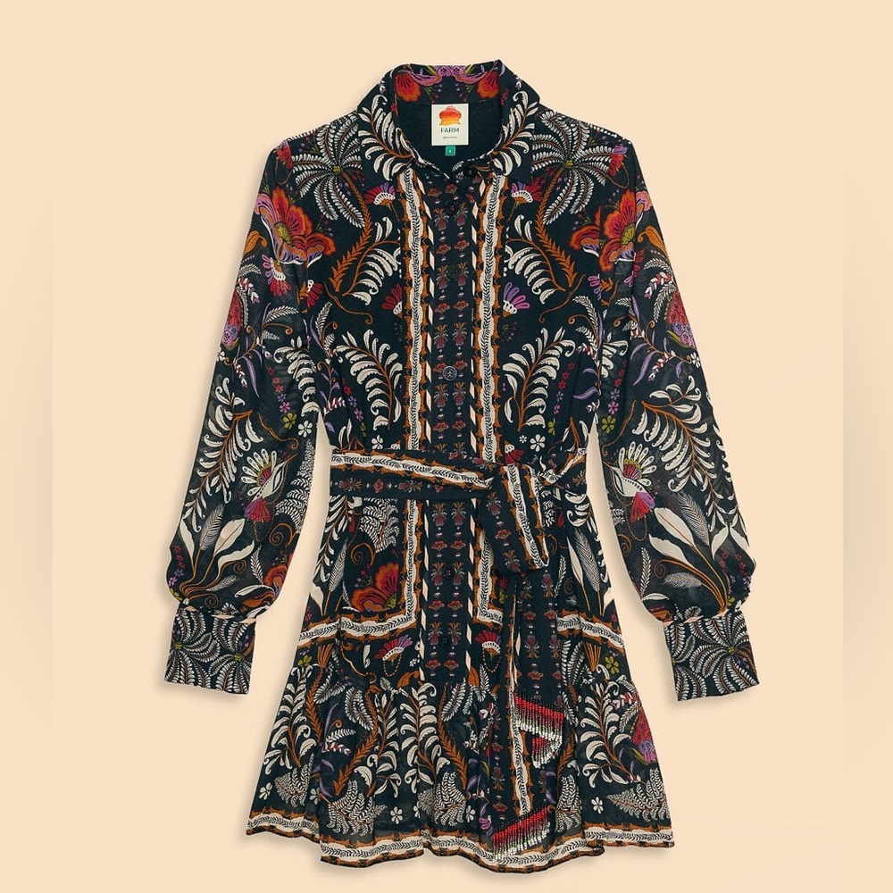 Farm Rio, Black Classic Garden Long Sleeve Mini Dress M